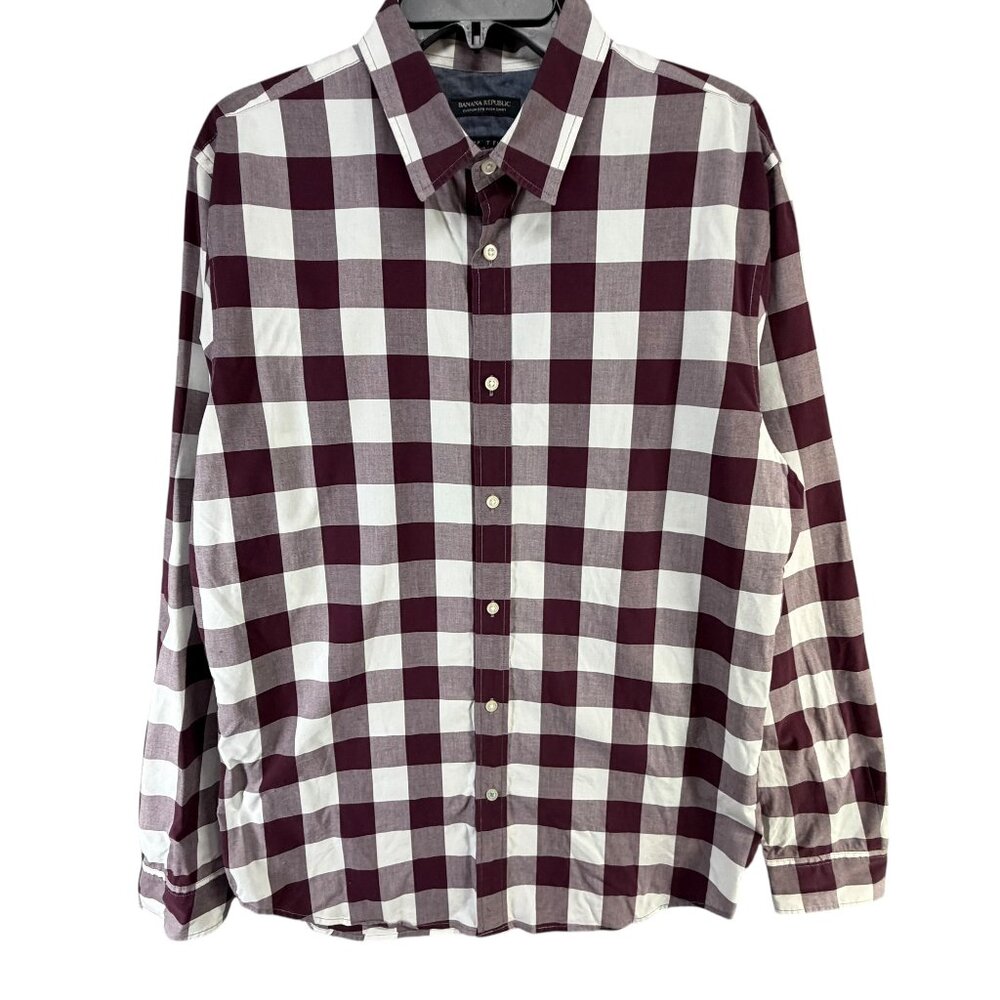 Banana Republic Custom 078 Wash Shirt Mens LT Burgundy Buffalo Check Grant Fit‎